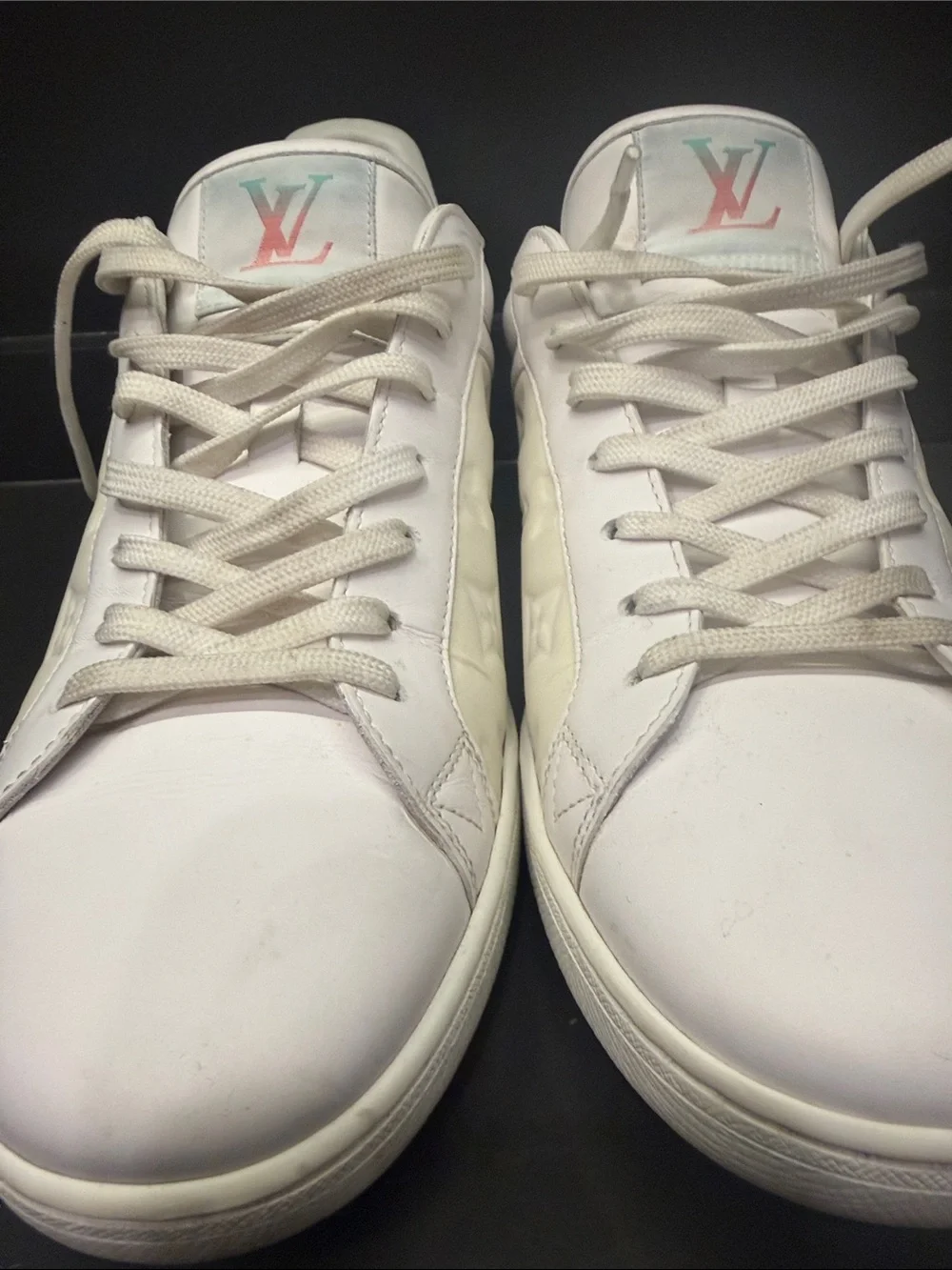 Louis Vuitton White Leather Monogram Low-Top Sneakers with Pastel Logo